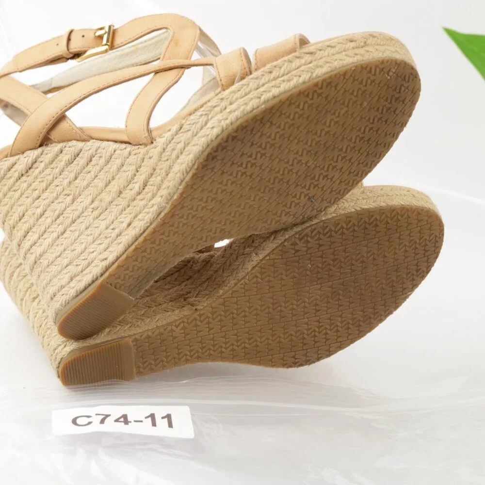 Michael Kors Womens Palm Beach Sandal Size 9.5 Tan Nude Patent Wedge‎ Espadrille
